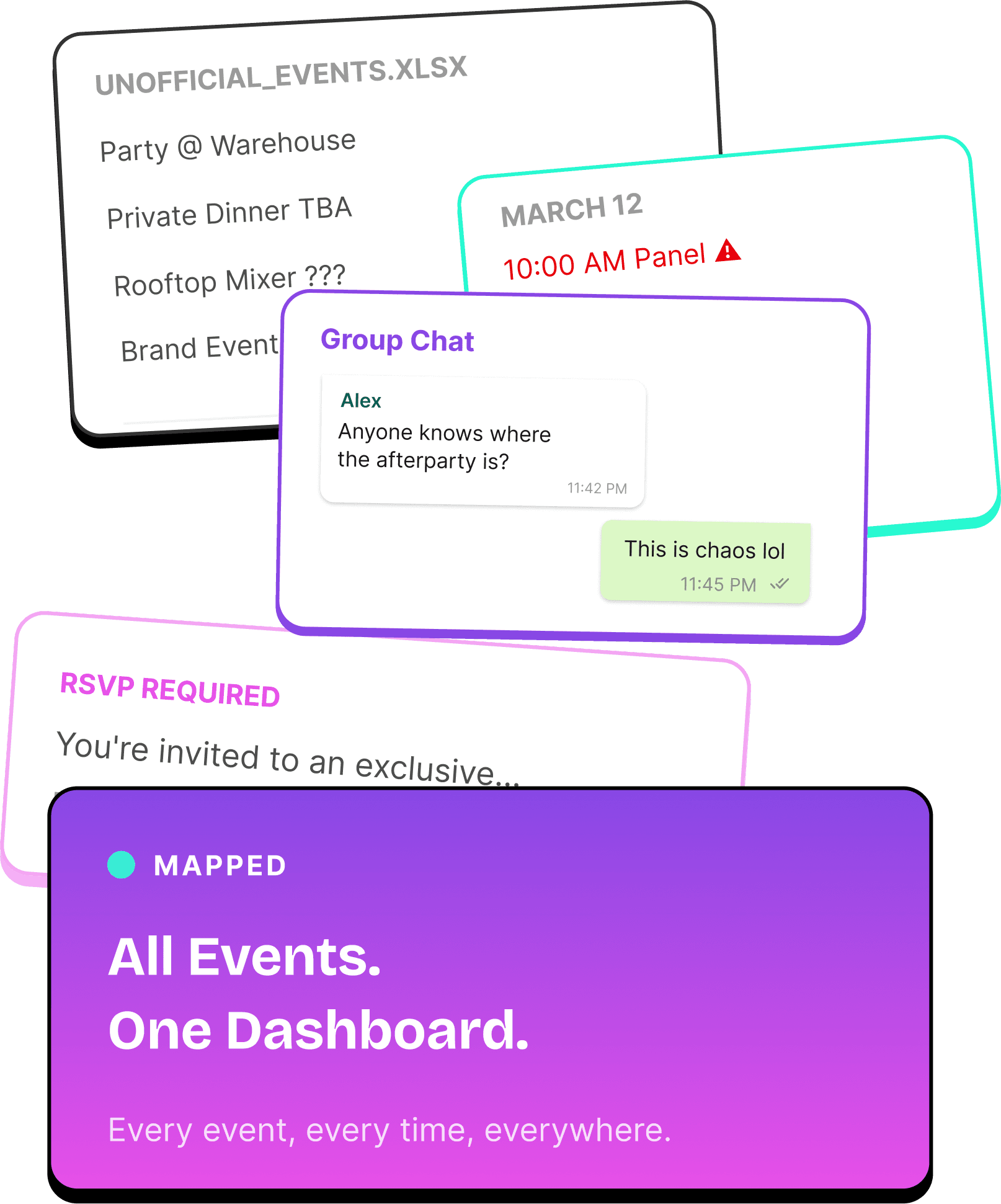 App features showing event discovery, group chat, and dashboard